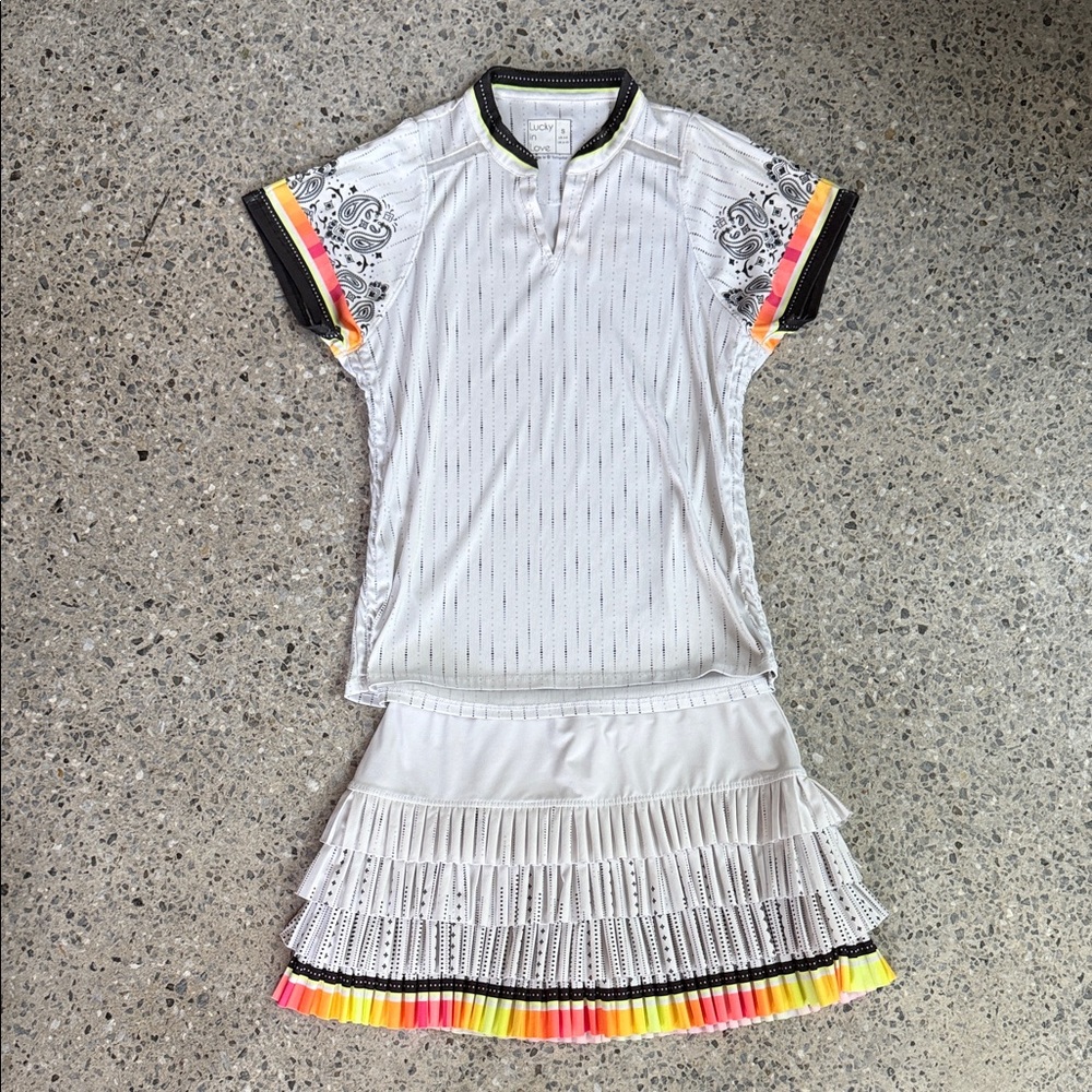 Lucky in Love White Pleated Skirt with Multicolor Trim